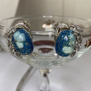 Unique vintage blue confetti style earrings with leaves